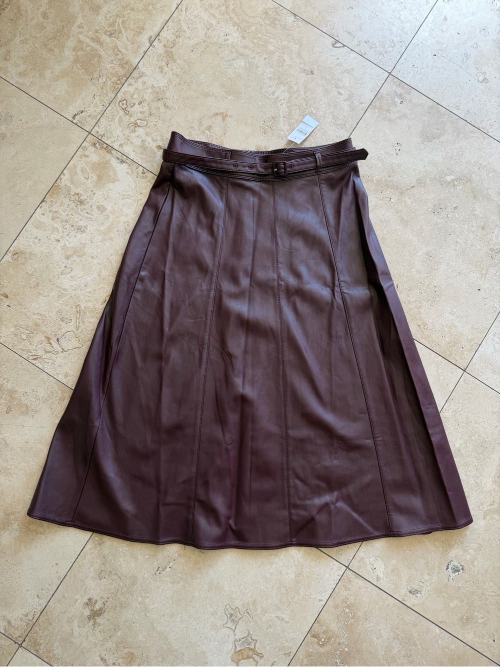 Ann Taylor Burgundy Faux Leather Belted A-Line Midi skirt size 8